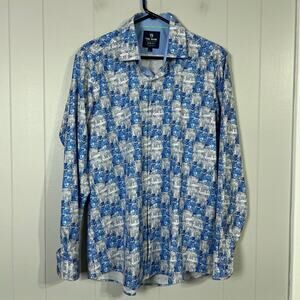 Tom Baine Performance Slim Fit Dress Shirt Mens L Blue Geometric Stretch